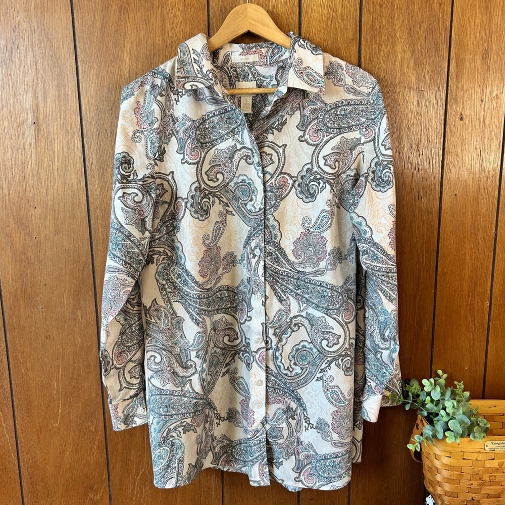 Chicos No Iron Paisley‎ Print Button Up Shirt Tunic Top Womens Size 1 Career